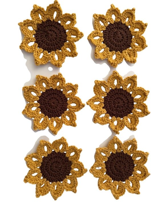 Handmade Other - Handmade Crochet Sunflower Coasters Set Of 6 Decorative Yellow Gold Brown 6"